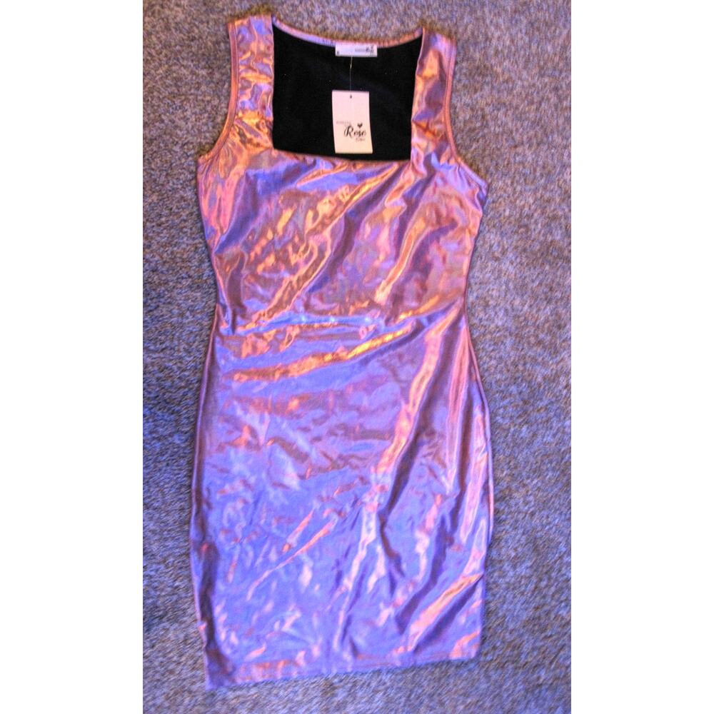 NEW Forever Rose Couture Mini Bodycon Dress‎ Medium Shiny Pink/Purple Metallic